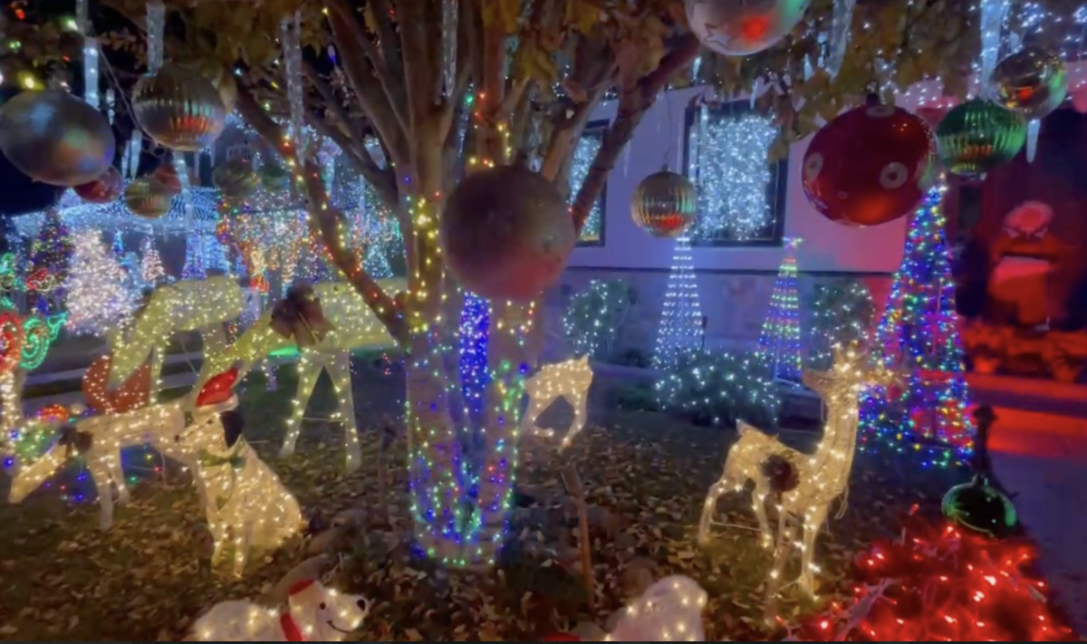 Many trees and yards are decorated with lights and ornaments.